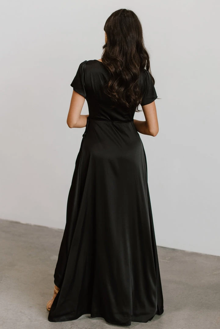 BB Custom Krystal Satin Wrap Gown | Black 7 BB Custom Krystal Satin Wrap Gown | Black