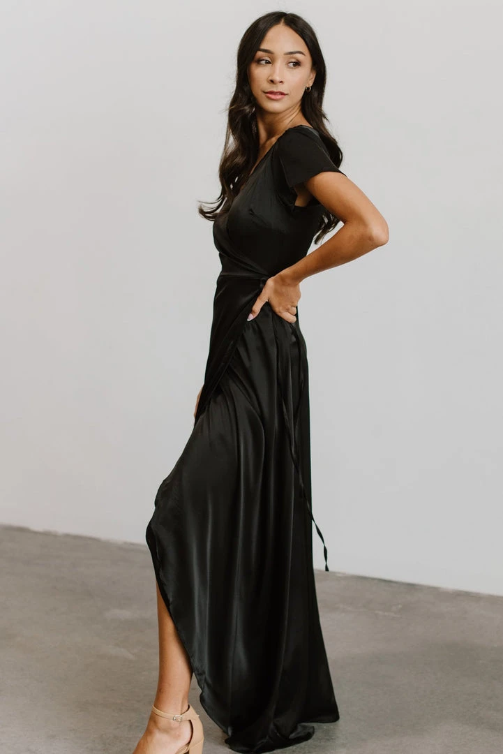 BB Custom Krystal Satin Wrap Gown | Black 6 BB Custom Krystal Satin Wrap Gown | Black
