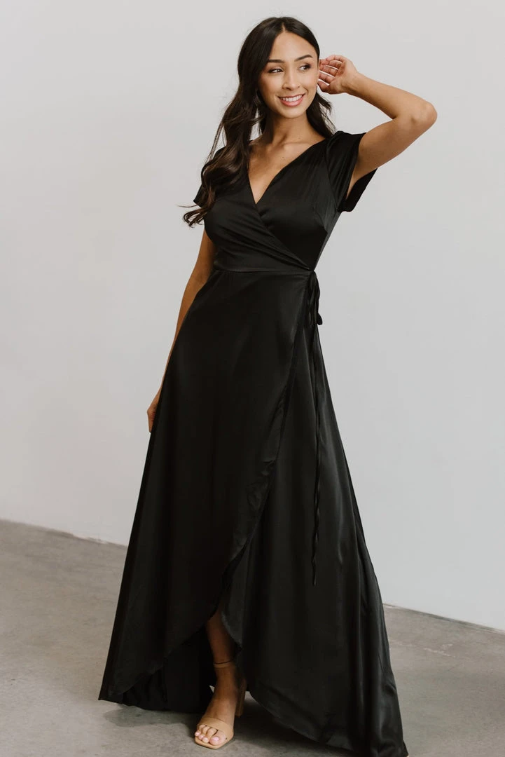 BB Custom Krystal Satin Wrap Gown | Black 9 BB Custom Krystal Satin Wrap Gown | Black