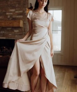 BB Custom Krystal Satin Wrap Gown | Champagne Dresses