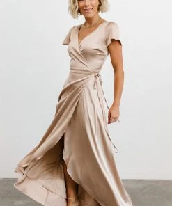 BB Custom Krystal Satin Wrap Gown | Champagne Dresses