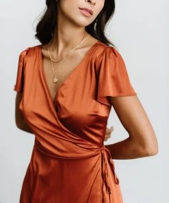 BB Custom Krystal Satin Wrap Gown | Copper Dresses