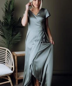 BB Custom Dresses Krystal Satin Wrap Gown | Eucalyptus