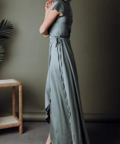 BB Custom Dresses Krystal Satin Wrap Gown | Eucalyptus