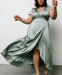 BB Custom Dresses Krystal Satin Wrap Gown | Eucalyptus