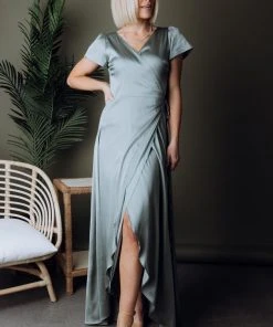 BB Custom Dresses Krystal Satin Wrap Gown | Eucalyptus