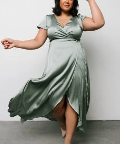BB Custom Dresses Krystal Satin Wrap Gown | Eucalyptus