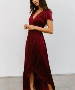 BB Custom Krystal Satin Wrap Gown | Wine 10 BB Custom Krystal Satin Wrap Gown | Wine