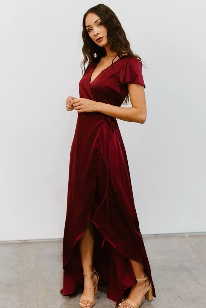 BB Custom Krystal Satin Wrap Gown | Wine 3 BB Custom Krystal Satin Wrap Gown | Wine