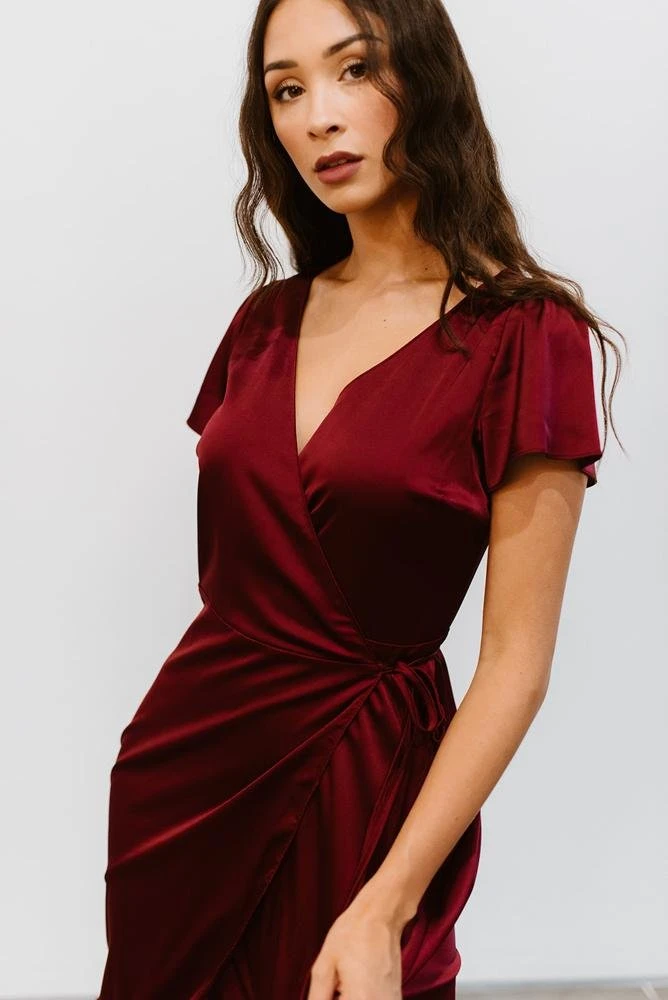 BB Custom Krystal Satin Wrap Gown | Wine 5 BB Custom Krystal Satin Wrap Gown | Wine