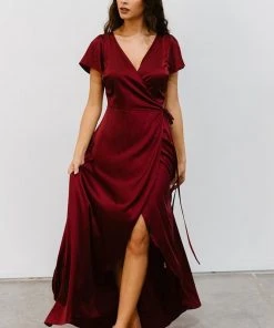 BB Custom Krystal Satin Wrap Gown | Wine