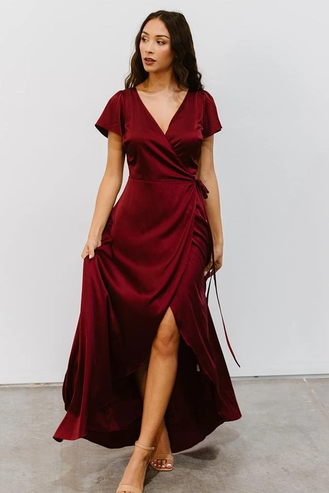 BB Custom Krystal Satin Wrap Gown | Wine 1 BB Custom Krystal Satin Wrap Gown | Wine