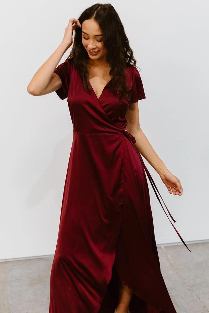 BB Custom Krystal Satin Wrap Gown | Wine 7 BB Custom Krystal Satin Wrap Gown | Wine