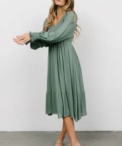 IL Lainey Smocked Dotted Midi Dress | Dark Sage Dresses