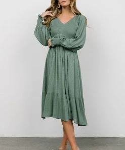 IL Lainey Smocked Dotted Midi Dress | Dark Sage Dresses