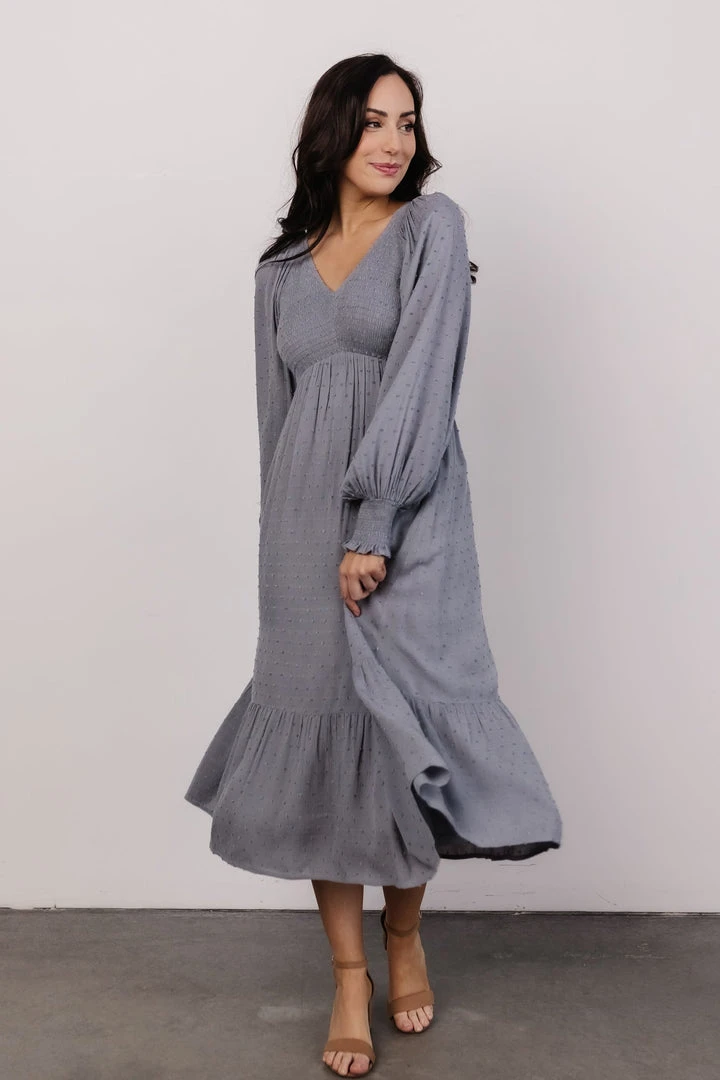 IL Lainey Smocked Dotted Midi Dress | Dusty Blue Dresses IL Lainey Smocked Dotted Midi Dress | Dusty Blue Dresses