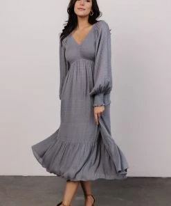 IL Lainey Smocked Dotted Midi Dress | Dusty Blue Dresses