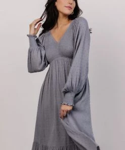 IL Lainey Smocked Dotted Midi Dress | Dusty Blue Dresses