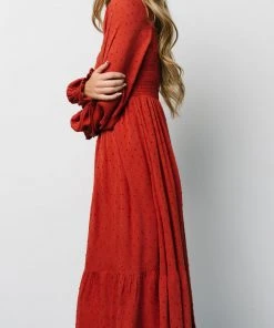 IL Lainey Smocked Dotted Midi Dress | Rust