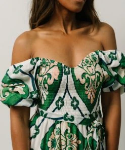 FT Dresses Lisandro Puff Sleeve Midi Dress | Ivory + Green Multi Print