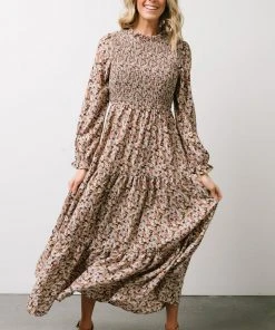 HAY Luella Smocked Maxi Dress | Beige + Mauve Floral
