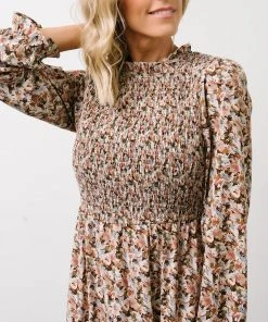 HAY Luella Smocked Maxi Dress | Beige + Mauve Floral