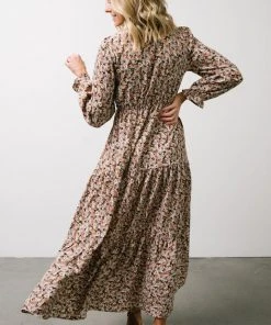 HAY Luella Smocked Maxi Dress | Beige + Mauve Floral