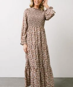 HAY Luella Smocked Maxi Dress | Beige + Mauve Floral