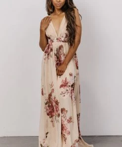 Lyla V Neck Maxi Dress | Natural + Berry Floral Dresses