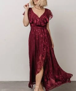 BB Custom Marion Jacquard Ruffle Maxi Dress | Merlot
