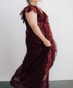BB Custom Marion Jacquard Ruffle Maxi Dress | Merlot