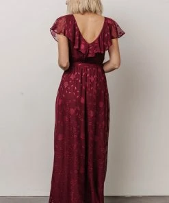 BB Custom Marion Jacquard Ruffle Maxi Dress | Merlot