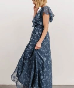 BB Custom Dresses Marion Jacquard Ruffle Maxi Dress | Pacific Blue