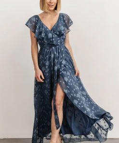 BB Custom Dresses Marion Jacquard Ruffle Maxi Dress | Pacific Blue