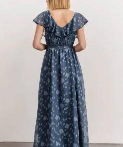 BB Custom Dresses Marion Jacquard Ruffle Maxi Dress | Pacific Blue