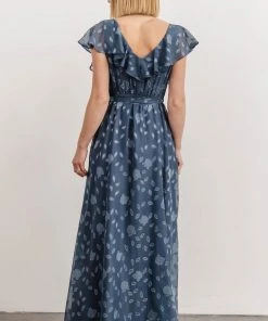 BB Custom Dresses Marion Jacquard Ruffle Maxi Dress | Pacific Blue