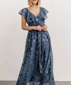BB Custom Dresses Marion Jacquard Ruffle Maxi Dress | Pacific Blue