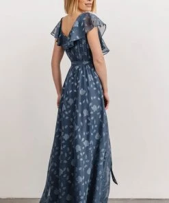 BB Custom Dresses Marion Jacquard Ruffle Maxi Dress | Pacific Blue