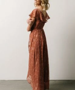 BB Custom Marion Jacquard Ruffle Maxi Dress | Rosy Brown Dresses