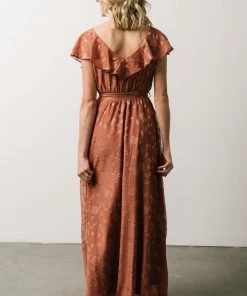 BB Custom Marion Jacquard Ruffle Maxi Dress | Rosy Brown Dresses