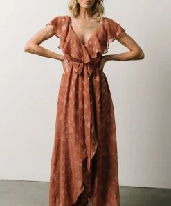 BB Custom Marion Jacquard Ruffle Maxi Dress | Rosy Brown Dresses