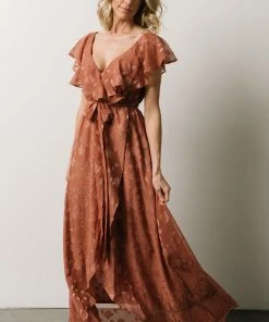 BB Custom Marion Jacquard Ruffle Maxi Dress | Rosy Brown Dresses