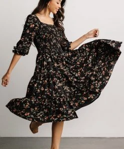 BB Custom Marta Smocked Midi Dress | Black Floral Dresses