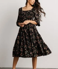 BB Custom Marta Smocked Midi Dress | Black Floral Dresses