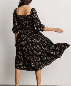 BB Custom Marta Smocked Midi Dress | Black Floral Dresses