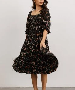 BB Custom Marta Smocked Midi Dress | Black Floral Dresses