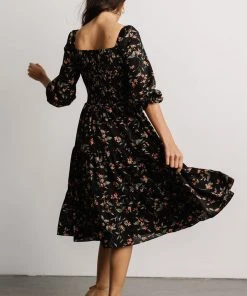 BB Custom Marta Smocked Midi Dress | Black Floral Dresses