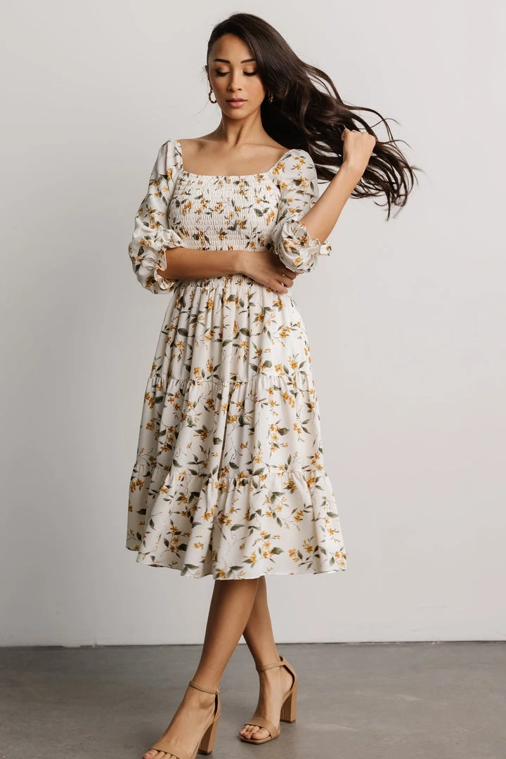 BB Custom Dresses Marta Smocked Midi Dress | Golden Floral BB Custom Dresses Marta Smocked Midi Dress | Golden Floral