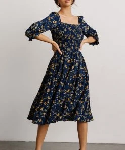 BB Custom Marta Smocked Midi Dress | Navy Floral Dresses
