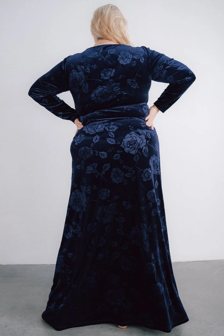 BB Custom Dresses Matthews Embossed Velvet Maxi Dress | Navy BB Custom Dresses Matthews Embossed Velvet Maxi Dress | Navy